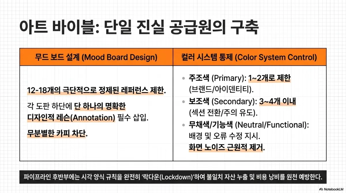 아트 바이블: 단일 진실 공급원의 구축 표. 무드 보드 설계(Mood Board Design) — 1218개의 극단적으로 정제된 레퍼런스로 제한, 각 도판 하단에 단 하나의 명확한 디자인적 레슨(Annotation) 필수 삽입, 무분별한 카피 차단. 컬러 시스템 통제(Color System Control) — 주조색(Primary) 12개로 제한(브랜드·아이덴티티), 보조색(Secondary) 3~4개 이내(섹션 전환·주의 유도), 무채색·기능색(Neutral/Functional)은 배경 및 오류 수정 지시, 화면 노이즈 근원적 제거. 아래 띠에 파이프라인 후반부에는 시각 양식 규칙을 완전히 락다운(Lockdown)하여 불일치 자산 누출 및 비용 낭비를 원천 예방한다는 문장