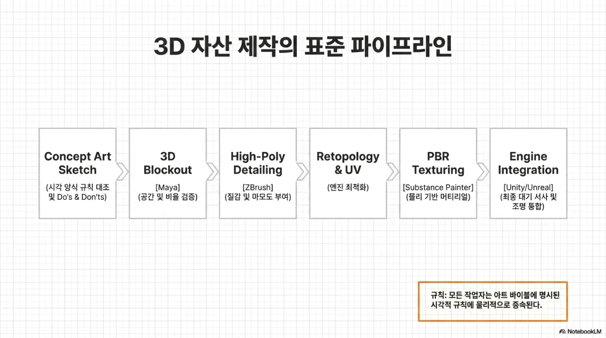 3D 자산 제작의 표준 파이프라인 흐름도. Concept Art Sketch(시각 양식 규칙 대조 및 Do's & Don'ts) → 3D Blockout [Maya](공간 및 비율 검증) → High-Poly Detailing [ZBrush](질감 및 마모도 부여) → Retopology & UV(엔진 최적화) → PBR Texturing [Substance Painter](물리 기반 머티리얼) → Engine Integration [Unity/Unreal](최종 대기 서사 및 조명 통합). 오른쪽 아래 상자에 규칙: 모든 작업자는 아트 바이블에 명시된 시각적 규칙에 물리적으로 종속된다