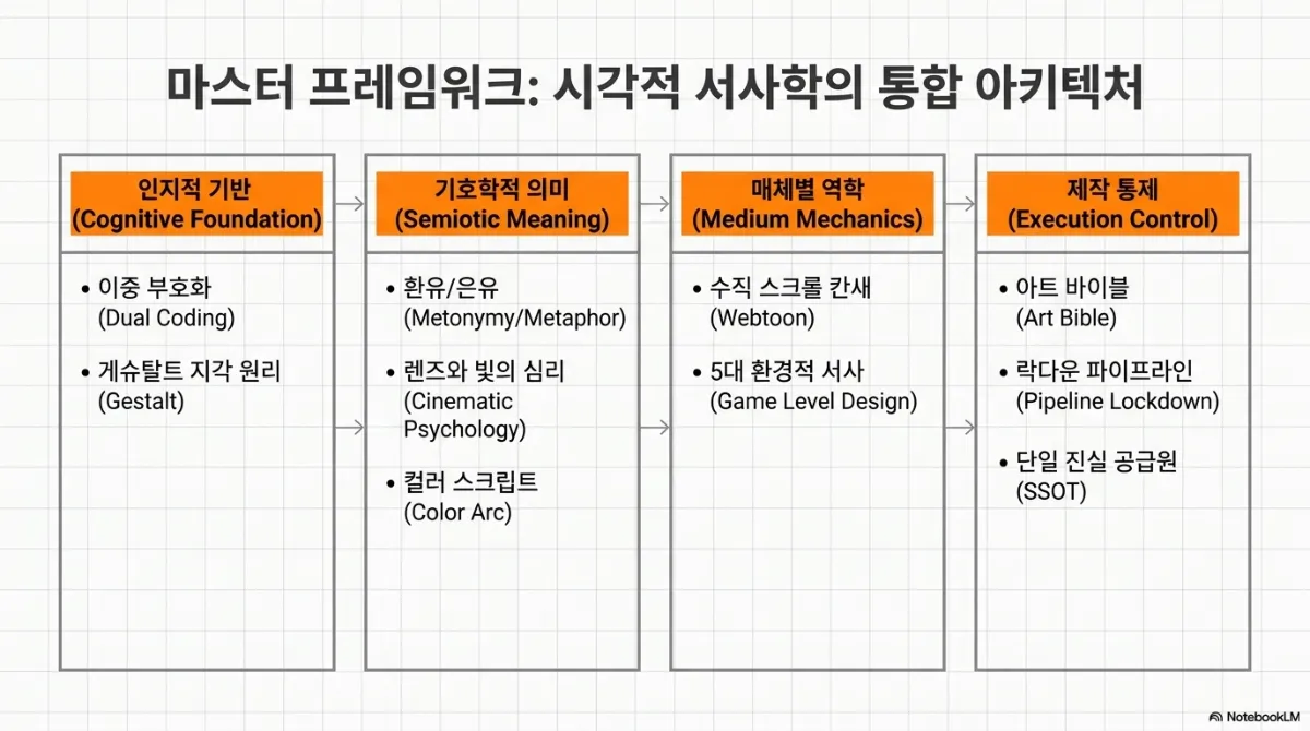 마스터 프레임워크: 시각적 서사학의 통합 아키텍처 표. 인지적 기반(Cognitive Foundation) — 이중 부호화(Dual Coding), 게슈탈트 지각 원리(Gestalt). 기호학적 의미(Semiotic Meaning) — 환유·은유(Metonymy/Metaphor), 렌즈와 빛의 심리(Cinematic Psychology), 컬러 스크립트(Color Arc). 매체별 역학(Medium Mechanics) — 수직 스크롤 칸새(Webtoon), 5대 환경적 서사(Game Level Design). 제작 통제(Execution Control) — 아트 바이블(Art Bible), 락다운 파이프라인(Pipeline Lockdown), 단일 진실 공급원(SSOT). 네 기둥이 왼쪽에서 오른쪽으로 화살표로 이어짐