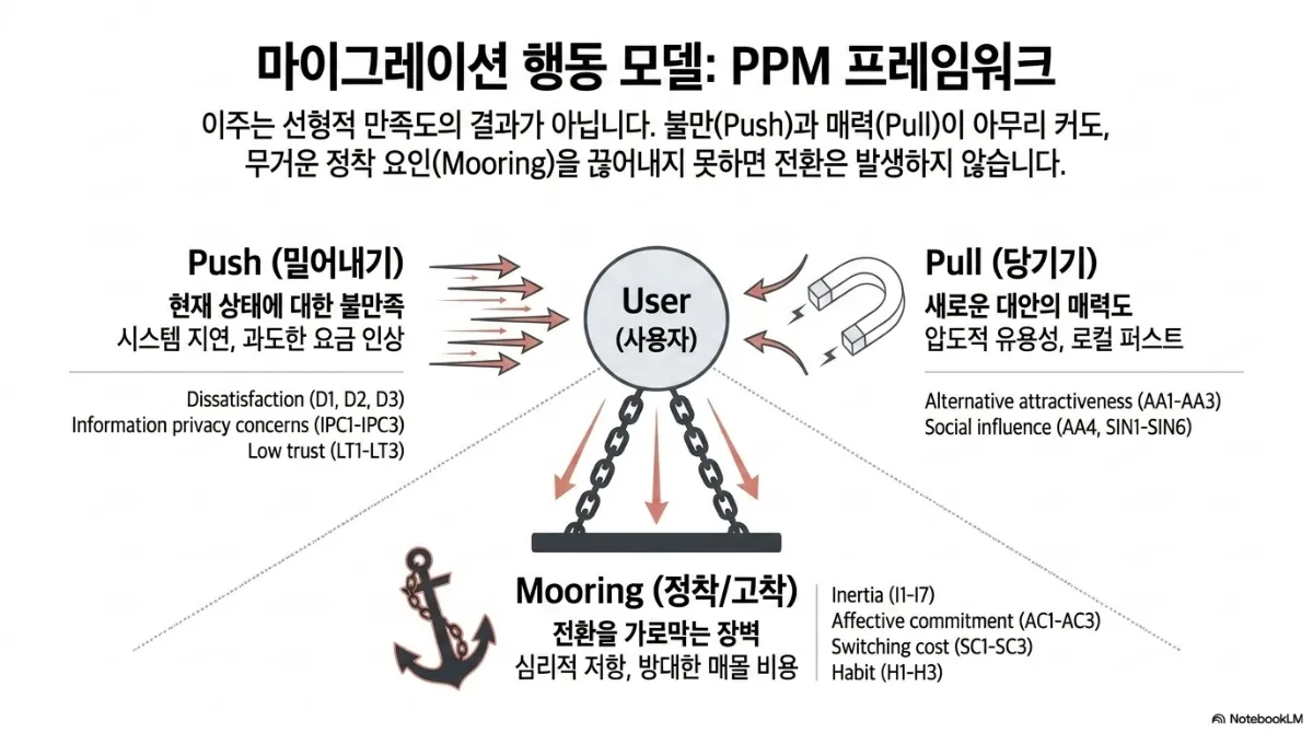 마이그레이션 행동 모델: PPM 프레임워크 슬라이드. 이주는 선형적 만족도의 결과가 아니며, 불만(Push)과 매력(Pull)이 아무리 커도 무거운 정착 요인(Mooring)을 끊어 내지 못하면 전환은 발생하지 않는다는 설명. 가운데 사용자(User) 원을 왼쪽에서 Push(밀어내기) — 현재 상태에 대한 불만족, 시스템 지연·과도한 요금 인상(Dissatisfaction, Information privacy concerns, Low trust)이 밀고, 오른쪽 자석이 Pull(당기기) — 새로운 대안의 매력도, 압도적 유용성·로컬 퍼스트(Alternative attractiveness, Social influence)로 당기며, 아래로는 사슬에 묶인 닻이 Mooring(정착·고착) — 전환을 가로막는 장벽, 심리적 저항·방대한 매몰 비용(Inertia, Affective commitment, Switching cost, Habit)으로 붙잡는 구조