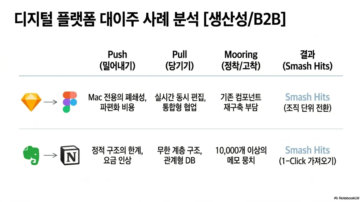 디지털 플랫폼 대이주 사례 분석(생산성/B2B) 표. Sketch 에서 Figma 로의 전환 — Push 는 Mac 전용의 폐쇄성과 파편화 비용, Pull 은 실시간 동시 편집과 통합형 협업, Mooring 은 기존 컴포넌트 재구축 부담, 결과는 Smash Hits(조직 단위 전환). Evernote 에서 Notion 으로의 전환 — Push 는 정적 구조의 한계와 요금 인상, Pull 은 무한 계층 구조와 관계형 DB, Mooring 은 10,000개 이상의 메모 뭉치, 결과는 Smash Hits(1-Click 가져오기)