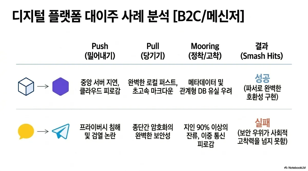 디지털 플랫폼 대이주 사례 분석(B2C/메신저) 표. 첫째 줄은 클라우드형 메모 도구에서 로컬 퍼스트 마크다운 도구로의 전환 — Push 는 중앙 서버 지연과 클라우드 피로감, Pull 은 로컬 퍼스트와 빠른 마크다운, Mooring 은 메타데이터 및 관계형 DB 유실 우려, 결과는 성공(파서로 호환성 구현). 둘째 줄은 노란 말풍선 메신저에서 종이비행기 아이콘 메신저로의 전환 — Push 는 프라이버시 침해 및 검열 논란, Pull 은 종단간 암호화의 보안성, Mooring 은 지인 90% 이상의 잔류와 이중 통신 피로감, 결과는 실패(보안 우위가 사회적 고착력을 넘지 못함)