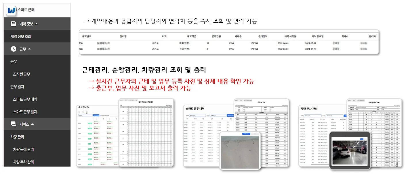 고객용 실시간 모니터링 화면 — 계약 내용과 담당자 연락처 조회, 근태·순찰·차량 관리 조회와 출력