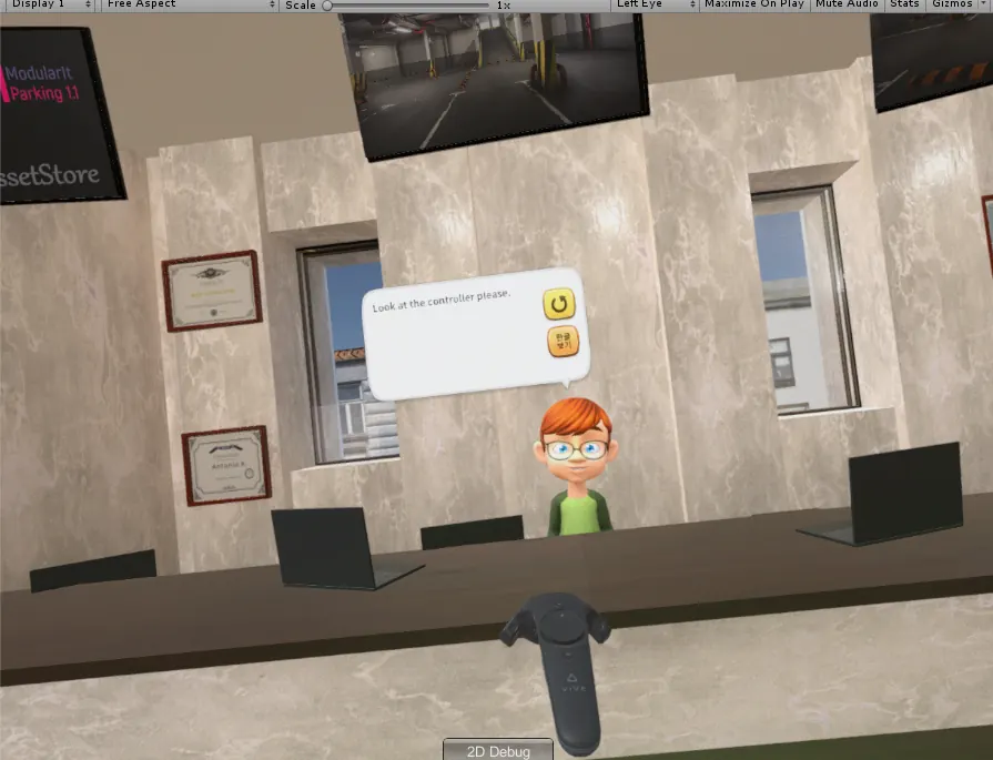 디지털 영어 체험학습 VR 콘텐츠 — 호텔 신 — 프런트에서 VIVE 컨트롤러로 대화 진행